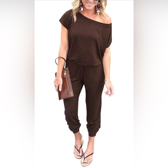 PRETTYGARDEN Pants - PRETTYGARDEN Loose Solid Off Shoulder Elastic Waist Stretchy Long Jumpsuit